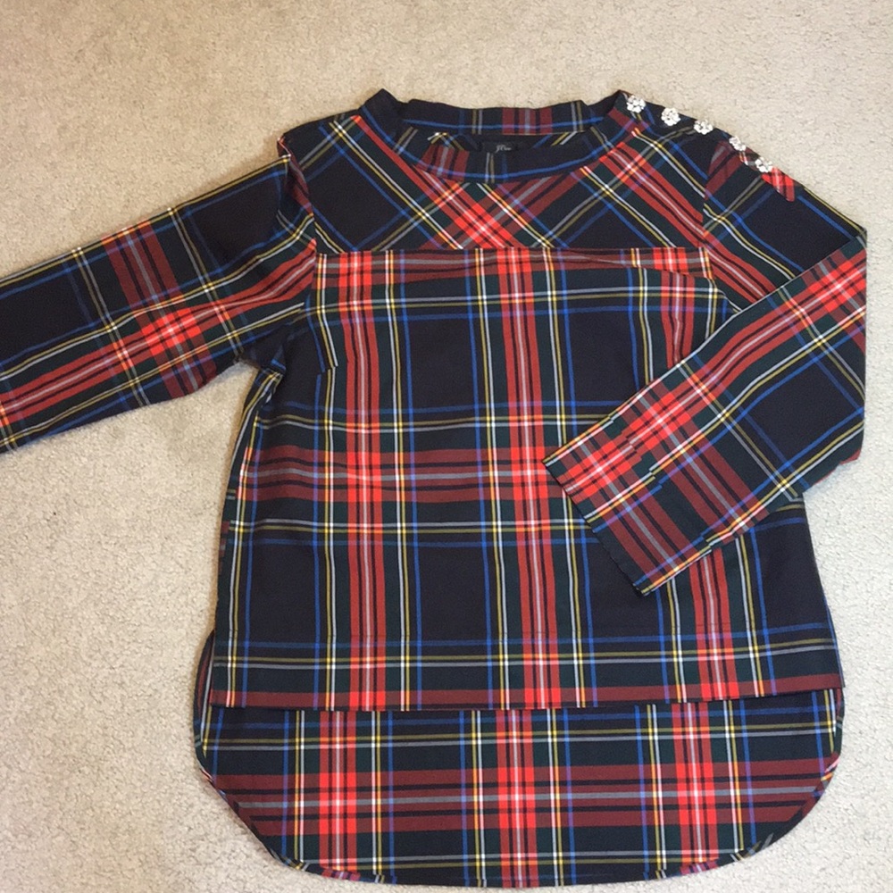 Funnelneck shirt Stewart tartan jeweled buttons